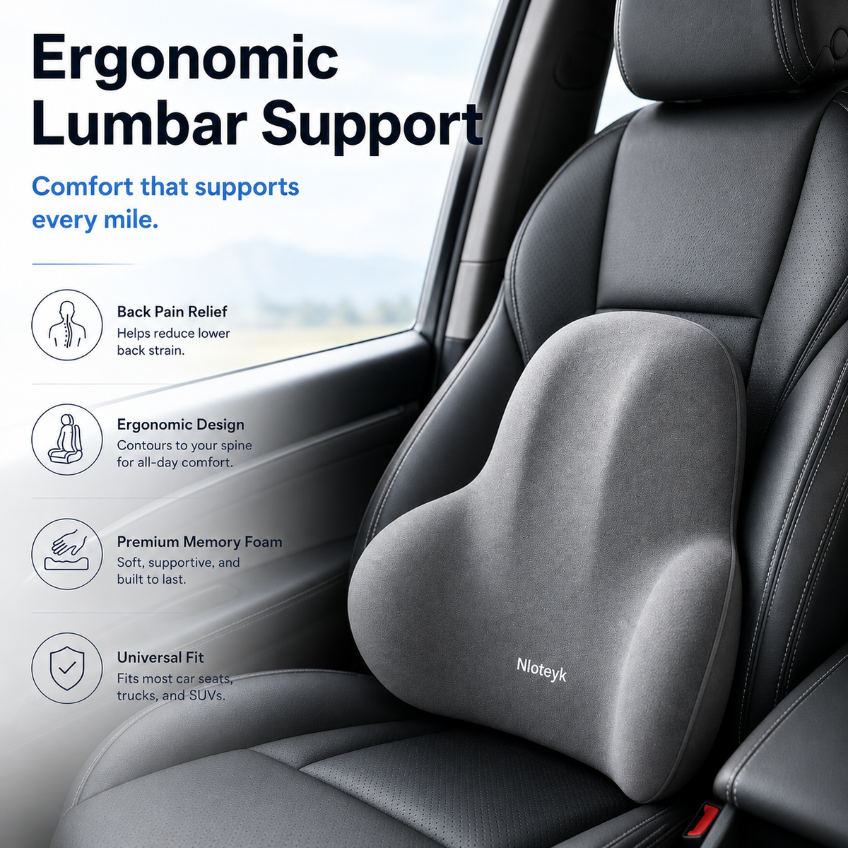 HYPEFINDER memory foam lumbar cushion fitted against a car seat backrest