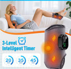 HYPEFINDER 3-in-1 cordless massager with heat and vibration wrapped around a woman's ankle and arm on a sofa.