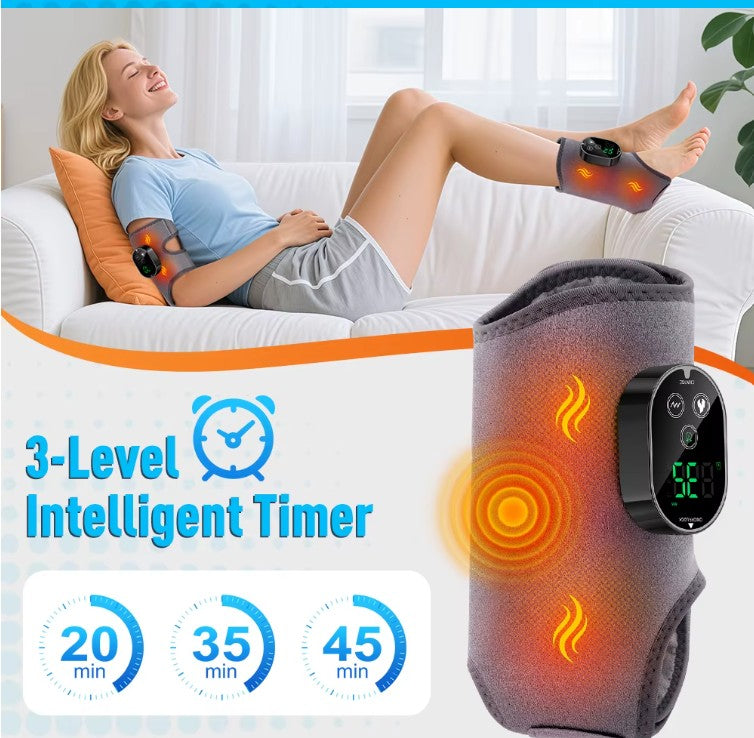 HYPEFINDER 3-in-1 cordless massager with heat and vibration wrapped around a woman's ankle and arm on a sofa.