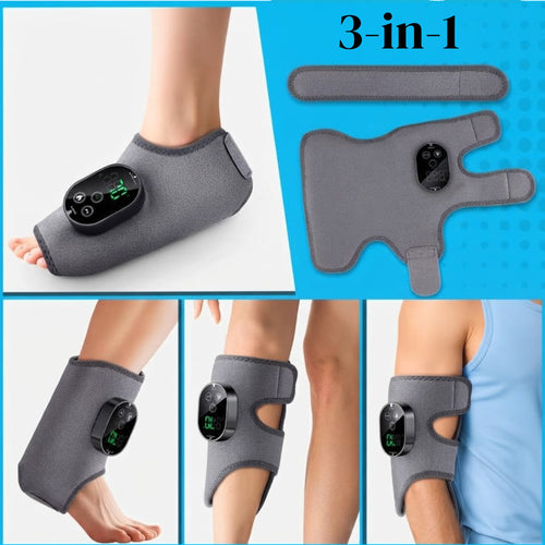 HYPEFINDER 3-in-1 portable electric massager wrap in grey neoprene with heat and vibration settings on arm and leg
