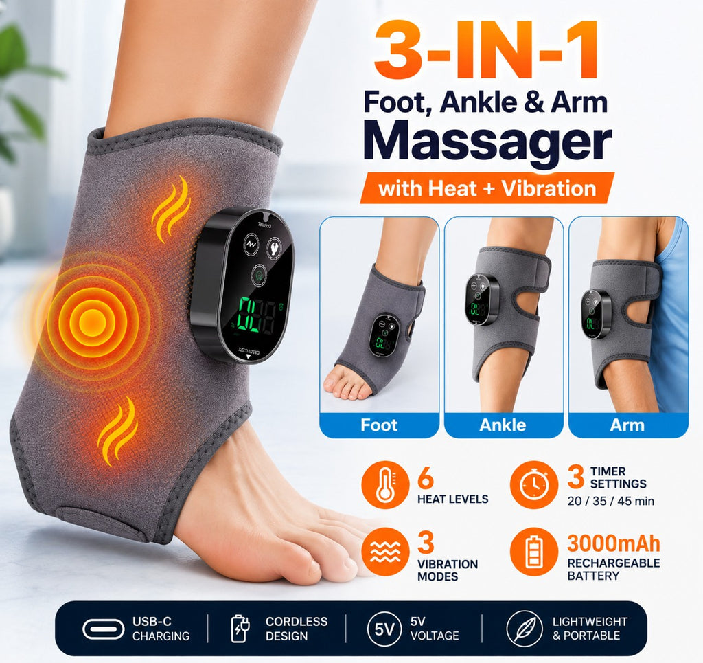 HYPEFINDER 3-in-1 electric massager wrap with heat and vibration, shown on foot, ankle, and arm for pain relief.
