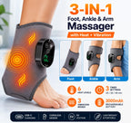 HYPEFINDER 3-in-1 electric massager wrap with heat and vibration, shown on foot, ankle, and arm for pain relief.