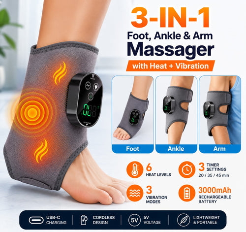 HYPEFINDER 3-in-1 electric massager wrap with heat and vibration, shown on foot, ankle, and arm for pain relief.