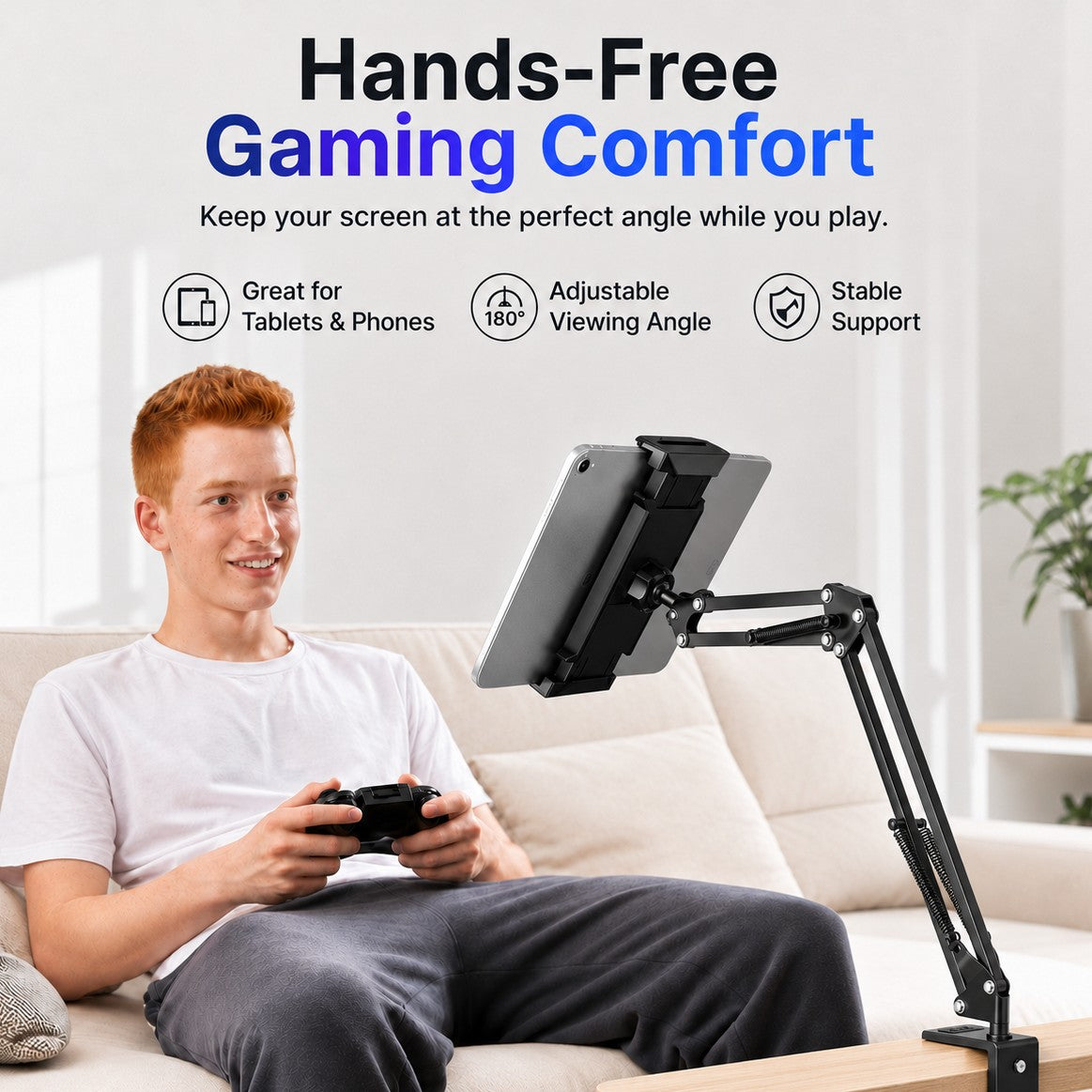 HYPEFINDER adjustable carbon steel tablet mount holding a tablet for a man gaming on a sofa