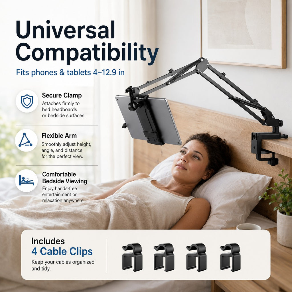 HYPEFINDER adjustable carbon steel tablet mount clamped to a headboard with a woman watching a tablet in bed