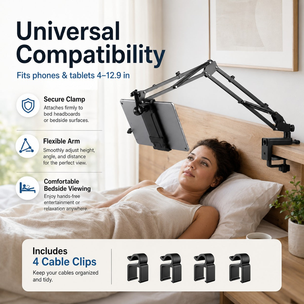 HYPEFINDER adjustable carbon steel tablet mount clamped to a headboard with a woman watching a tablet in bed