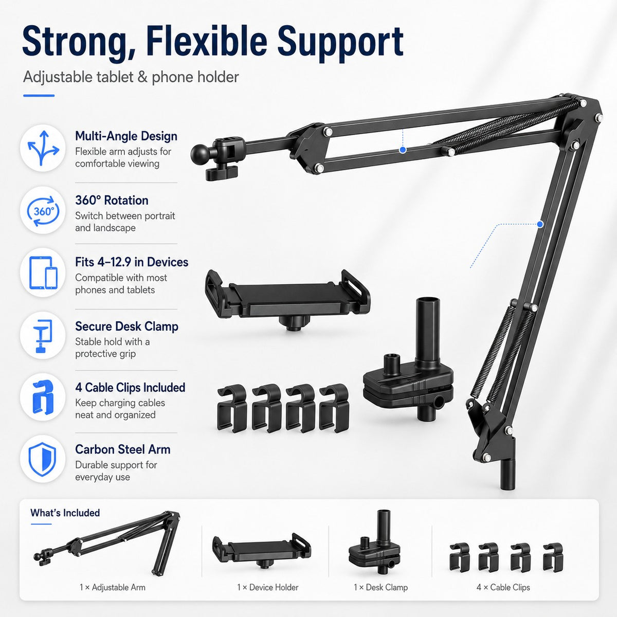HYPEFINDER adjustable carbon steel tablet and phone mount with 360-degree rotating arm, desk clamp, and cable clips.