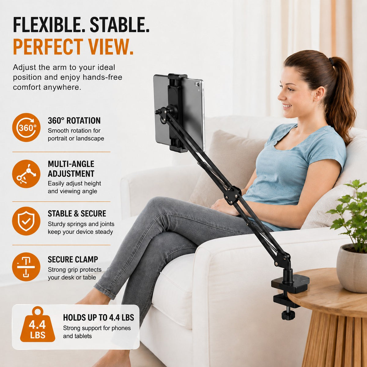 HYPEFINDER adjustable carbon steel tablet mount arm with 360-degree rotation, clamped to a side table for hands-free use.