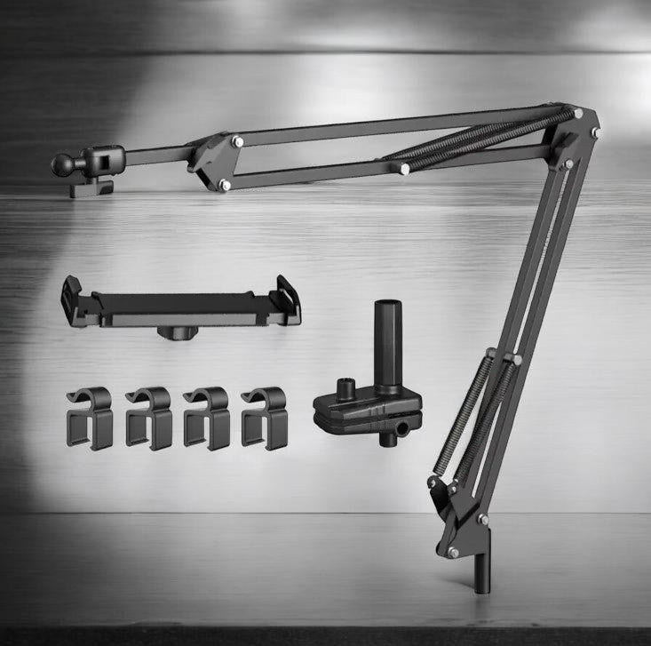 HYPEFINDER adjustable carbon steel tablet and phone mount with 360-degree rotating arm, clamp, and cable clips.