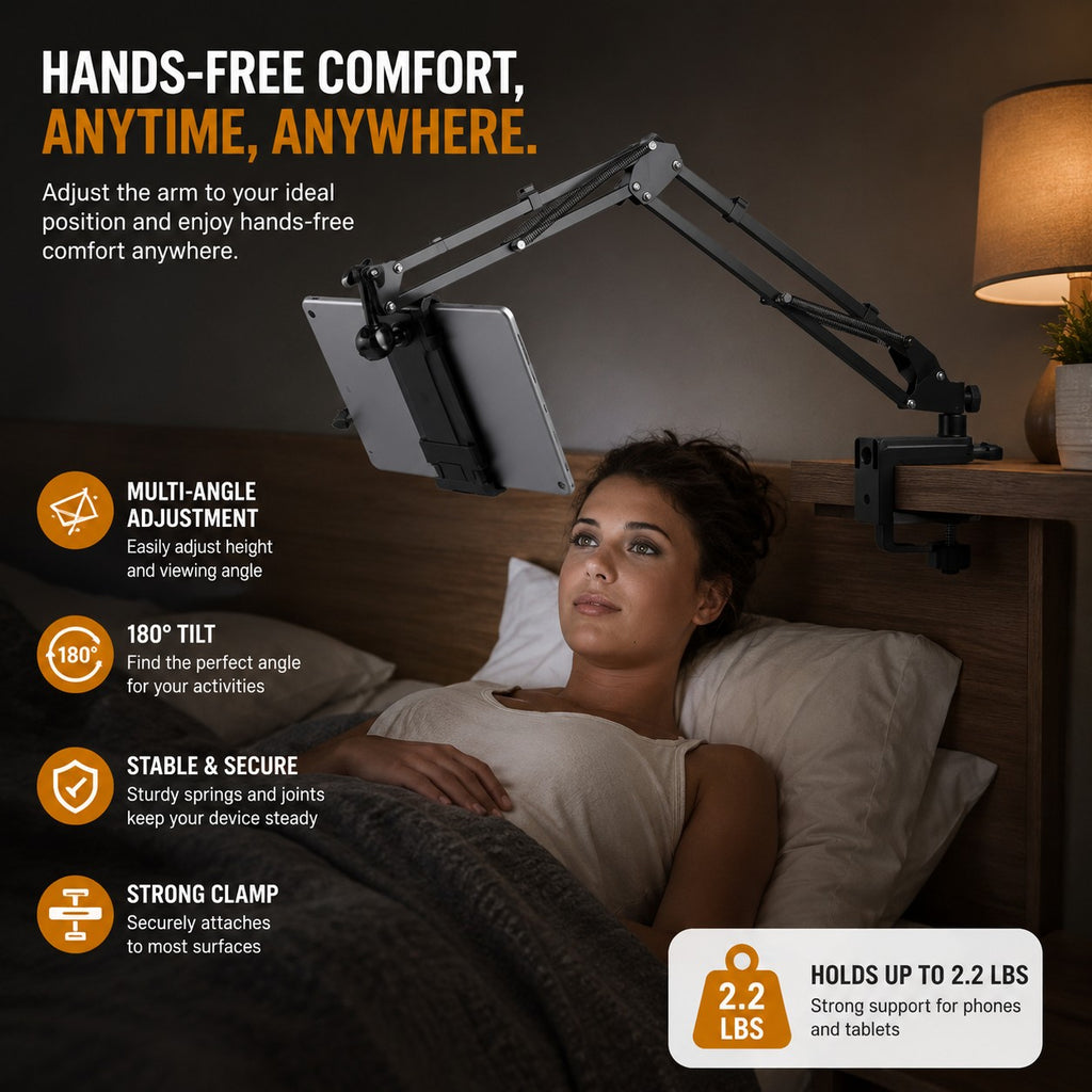 HYPEFINDER adjustable carbon steel tablet mount clamped to a headboard, holding a tablet for hands-free bed viewing.