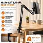 HYPEFINDER adjustable carbon steel tablet mount with desk clamp holding a tablet for hands-free viewing.