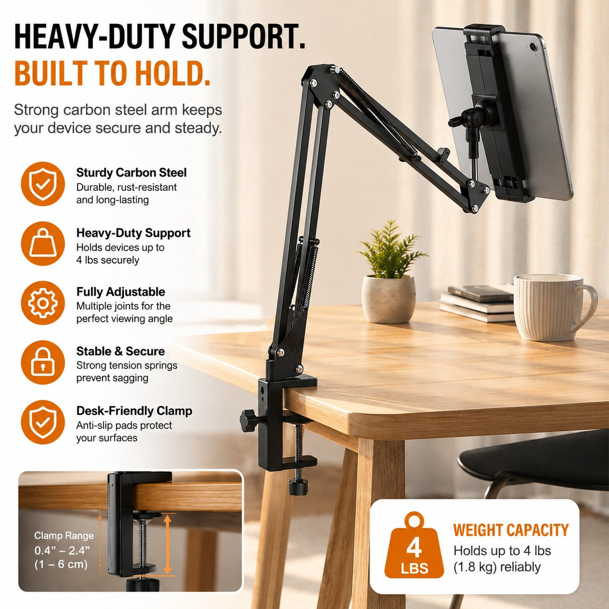 HYPEFINDER adjustable carbon steel tablet mount with desk clamp holding a tablet for hands-free viewing.