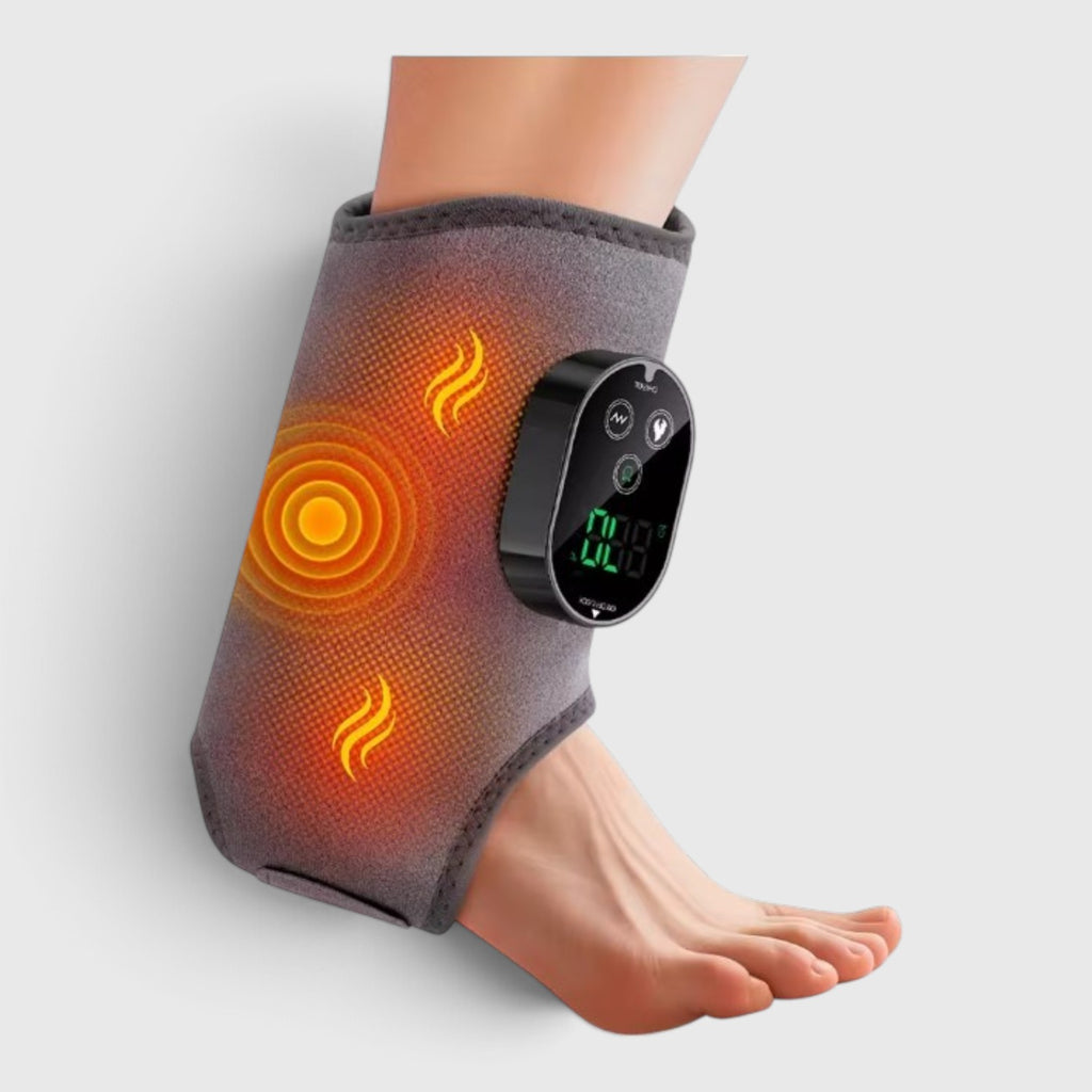HYPEFINDER 3-in-1 electric ankle massager with adjustable heat and vibration settings wrapped around a foot