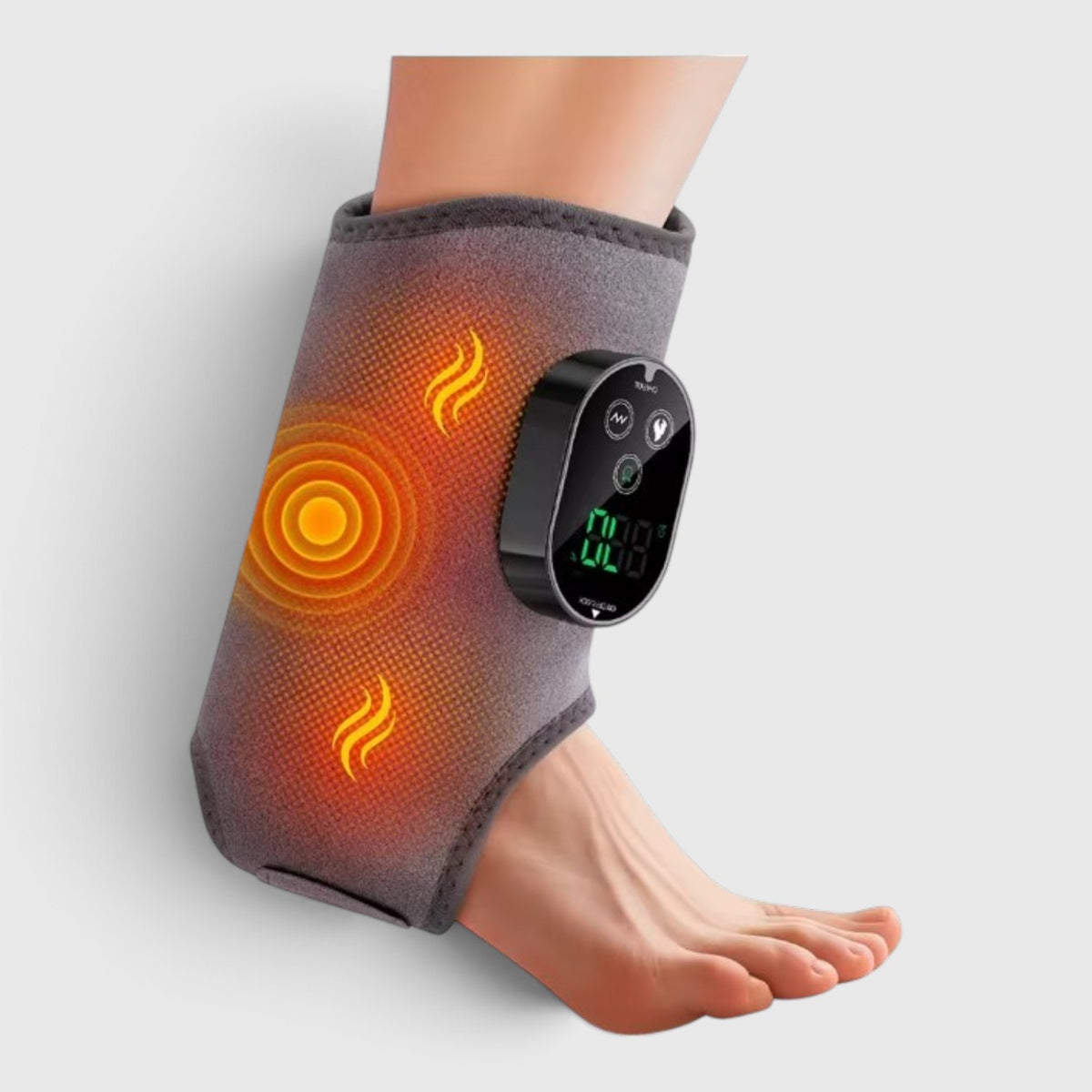HYPEFINDER 3-in-1 electric ankle massager with adjustable heat and vibration settings wrapped around a foot
