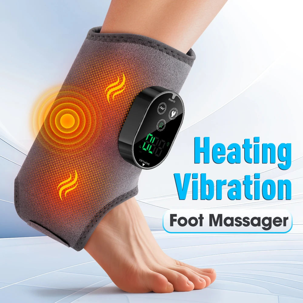 HYPEFINDER 3-in-1 electric foot and ankle massager with adjustable heat and vibration settings on a person's ankle.