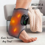 HYPEFINDER 3-in-1 electric massager wrap on an ankle showing heat and vibration settings on a digital display