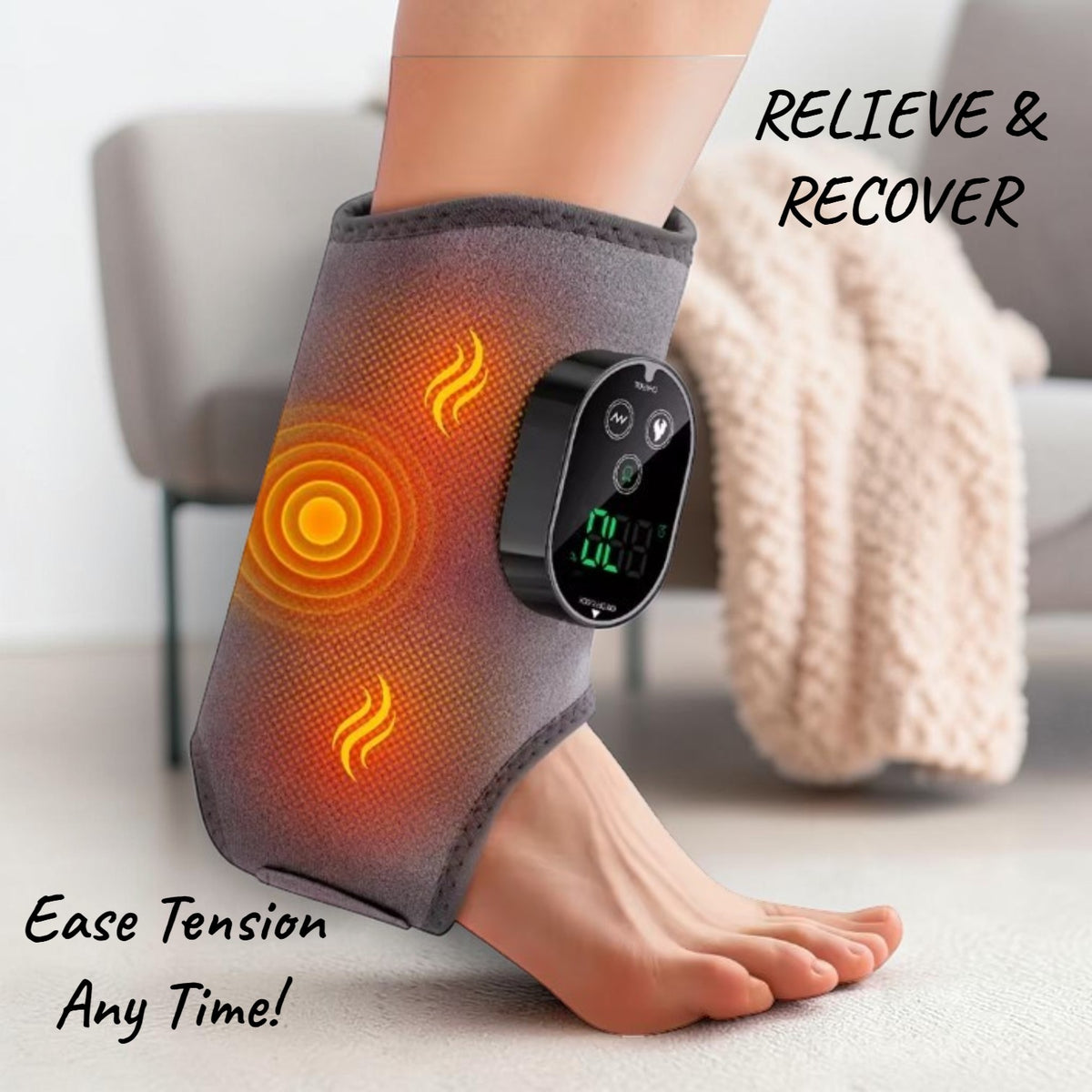 HYPEFINDER 3-in-1 electric massager wrap on an ankle showing heat and vibration settings on a digital display