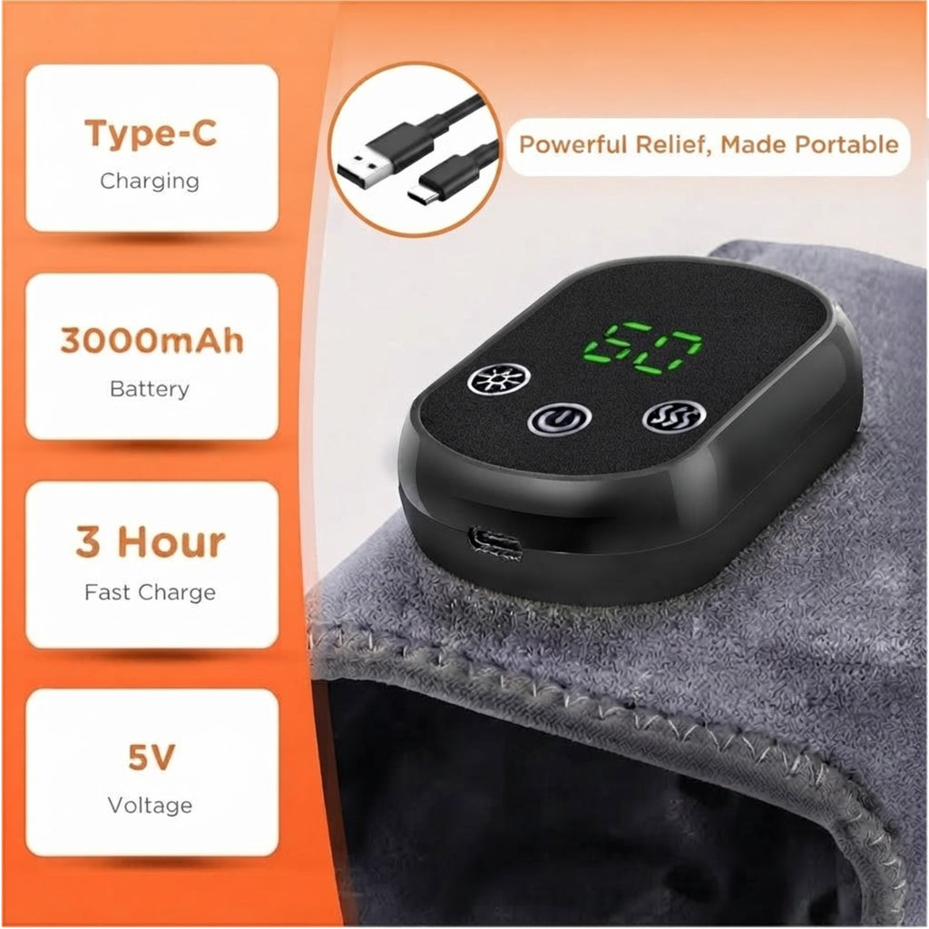 HYPEFINDER portable 3-in-1 massager with digital display, heat and vibration settings, and USB-C charging cable.