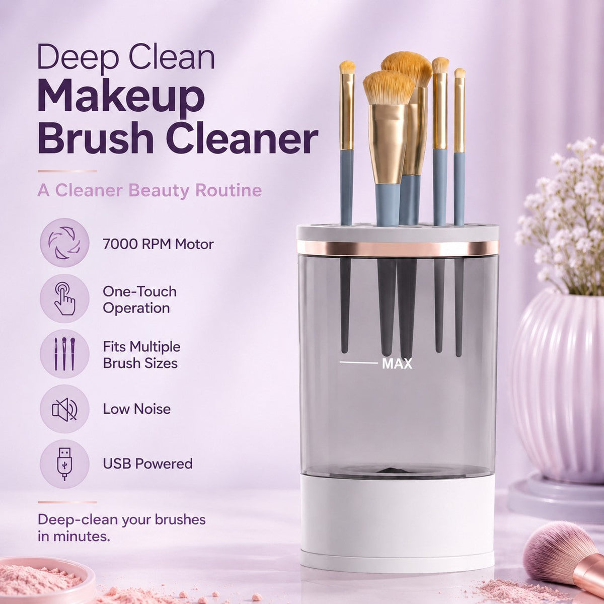 HYPEFINDER Deep Clean Makeup Brush Cleaner with 7000 RPM motor, USB powered, and universal silicone brush holder.
