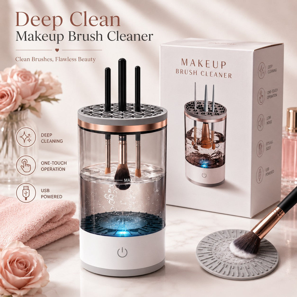 HYPEFINDER Deep Clean Makeup Brush Cleaner with USB power, silicone top, and rotating water action for clean brushes.