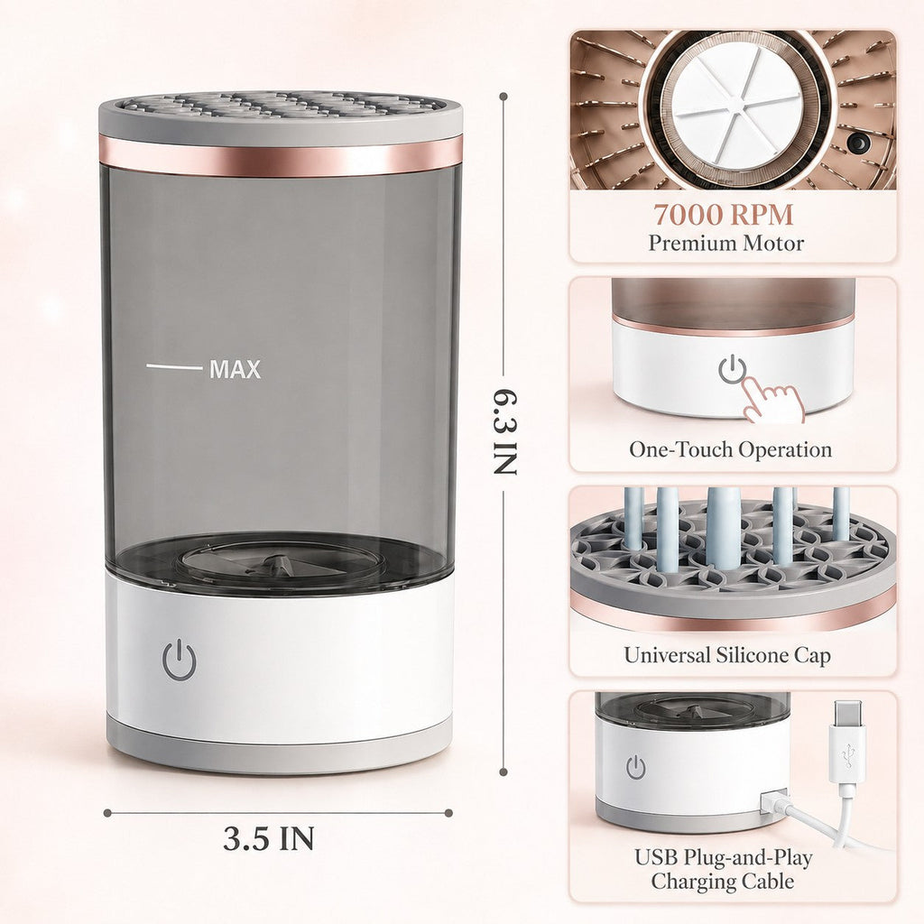 HYPEFINDER Deep Clean Makeup Brush Cleaner with 7000 RPM motor, universal silicone top, and USB power cable.
