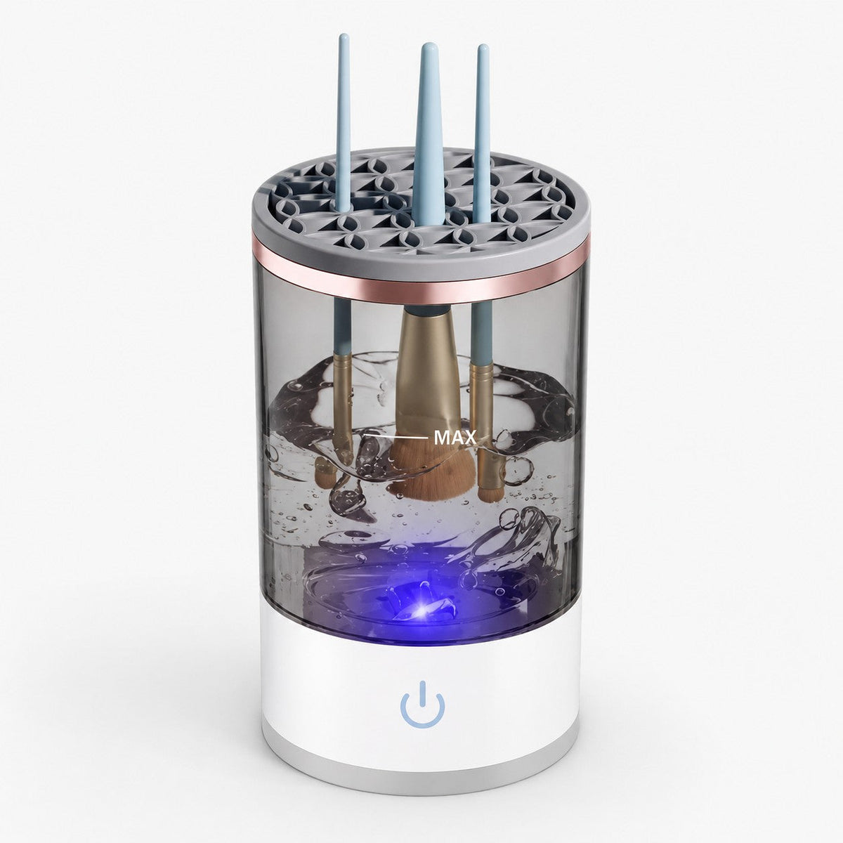 HYPEFINDER Deep Clean Makeup Brush Cleaner with a white base, clear water reservoir, and grey silicone brush holder.